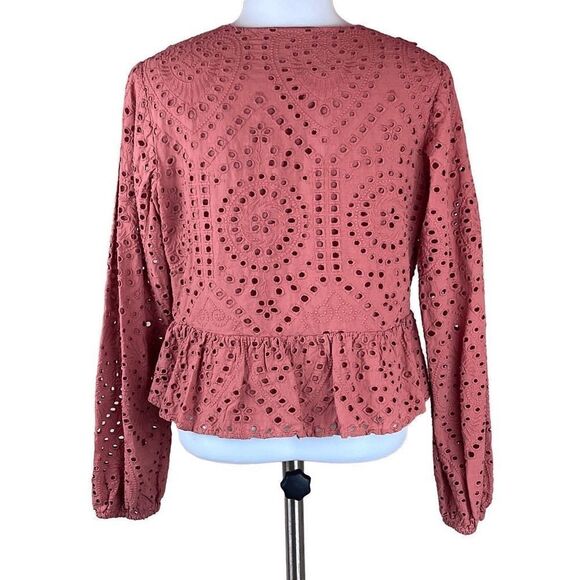 Express Blouse Womens Small Long Sleeve Ruffle V Neck Peplum Eyelet Top Pink - Picture 5 of 13